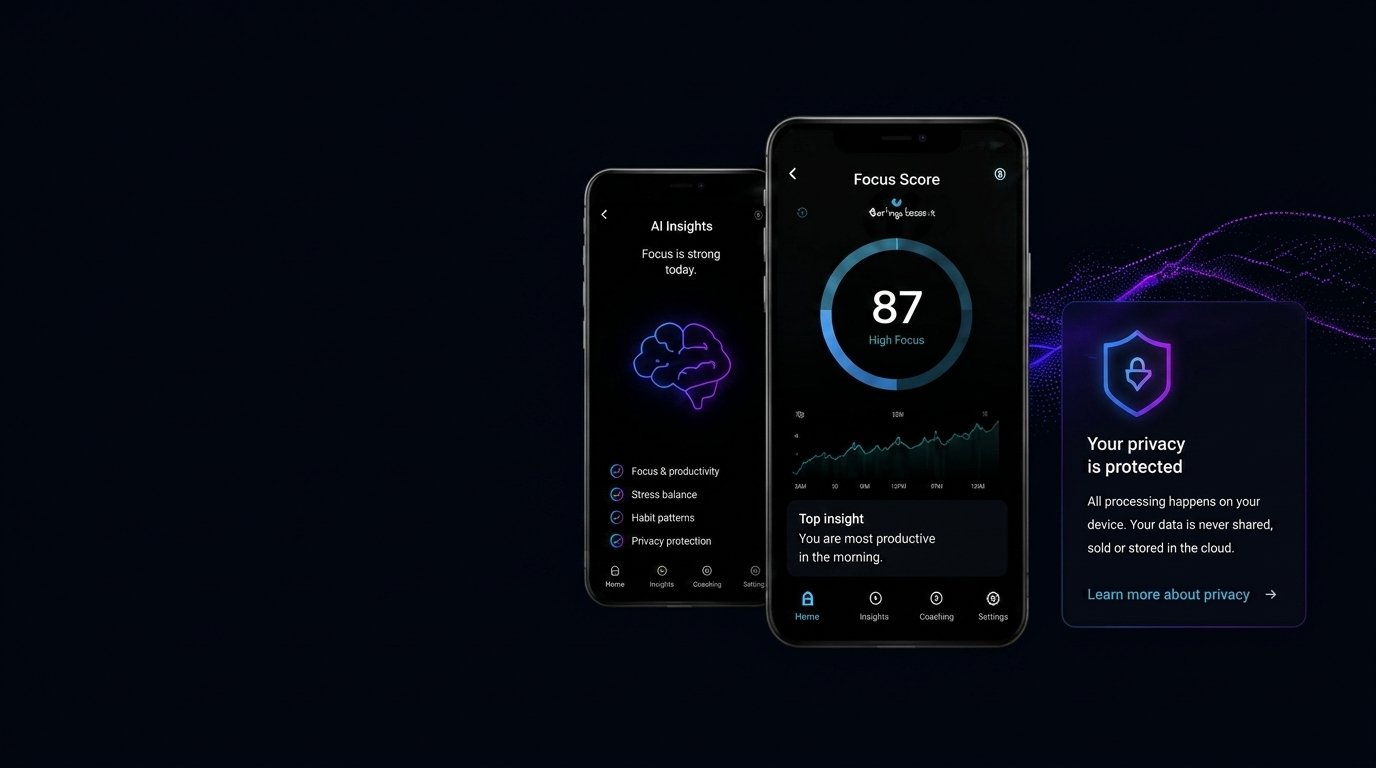 InnerXcode app showing AI Insights and a Focus Score of 87, with on-device privacy protection.